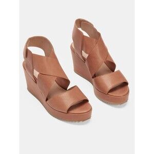 Eileen Fisher Whimsy Wedge Sandals Leather Cognac Platform Ankle Strap 9 NWOB